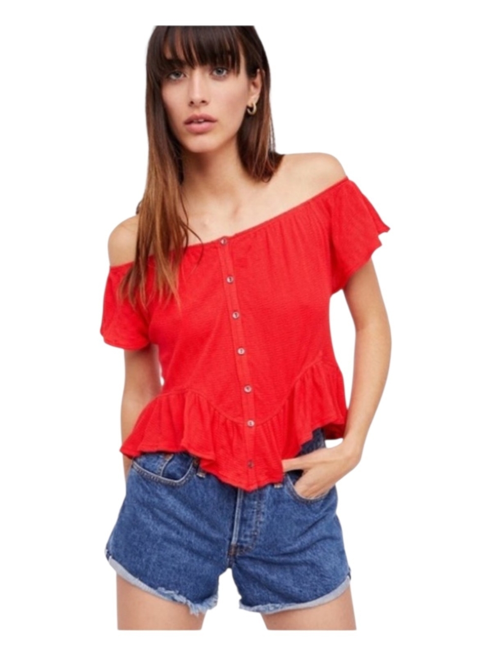 NEW Free People Mint Julep off-the-shoulder ruffle tee in red